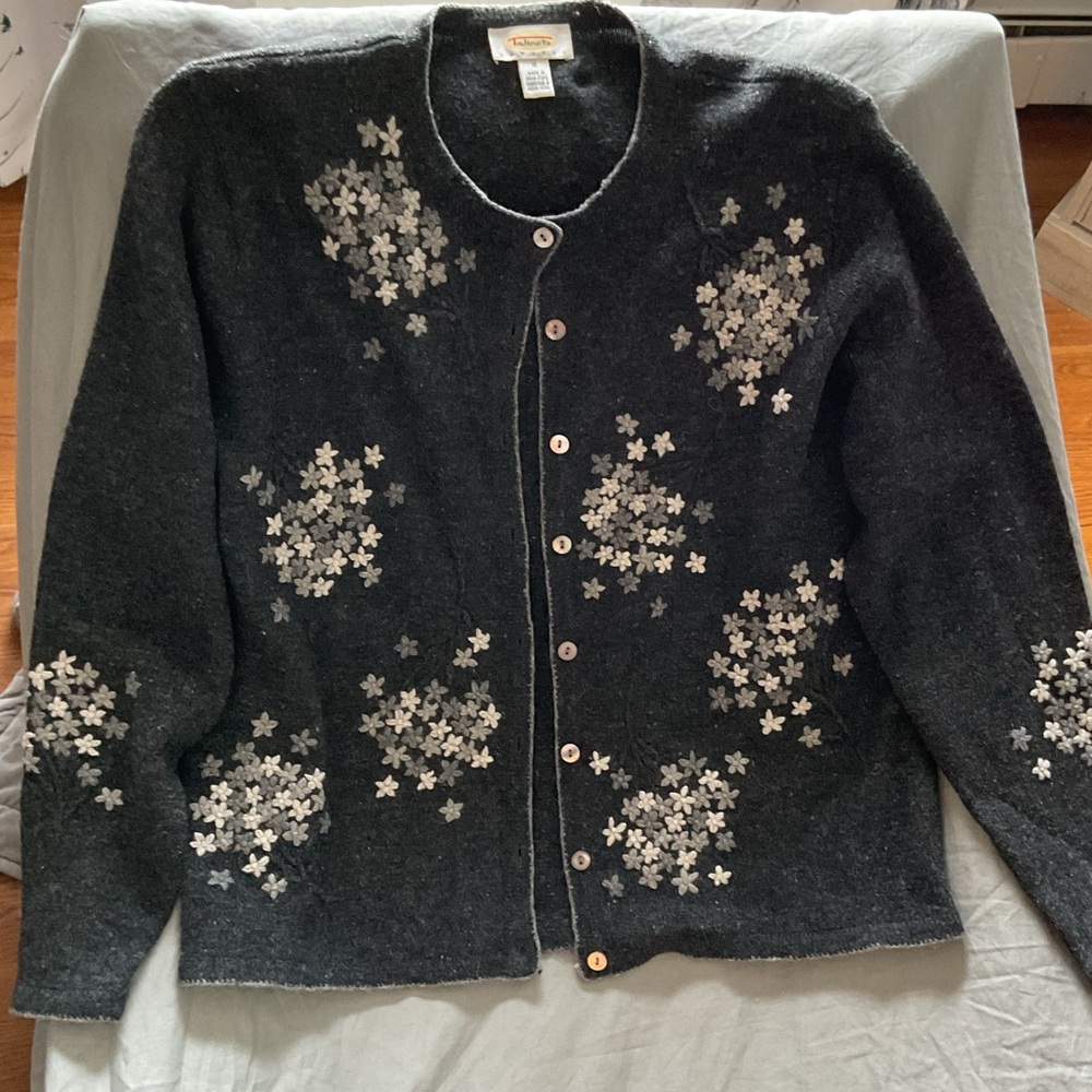 Talbots Charcoal Cardigan with Ivory Floral Accents